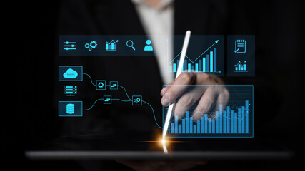 Data flow from database and cloud to processing and analytics dashboards, representing data...