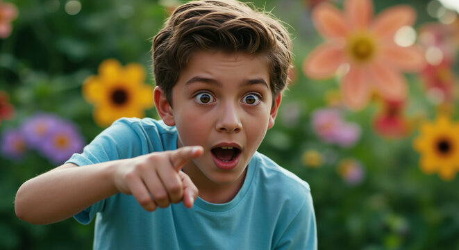 Surprised boy pointing finger with wide eyes against colorful flower garden background. Childhood amazement and discovery for educational content and nature exploration promotions