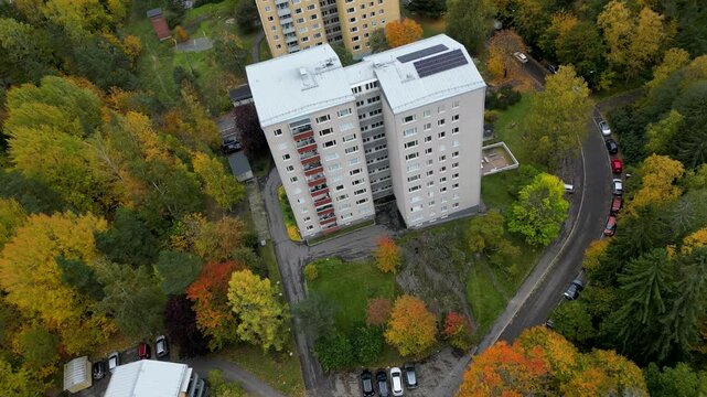 Aerial view of Pohjois-Haaga in Helsinki, located along Ida Aalbergin tie. The area sits between the Pohjois-Haaga train station and Lassila, captured in autumn