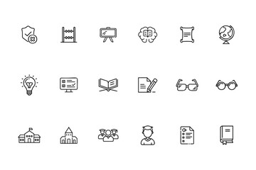 Set line art education icons including school buildings globe lightbulb eyeglasses