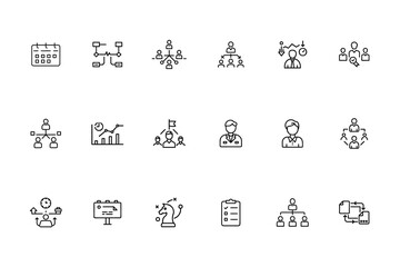 Line icons calendar, flowcharts, people groups, graphs, time management, strategy elements