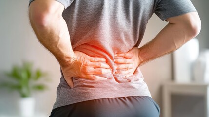 Rear View of Man in Grey T-Shirt Holding Lower Back, Signifying Pain and Muscular Discomfort