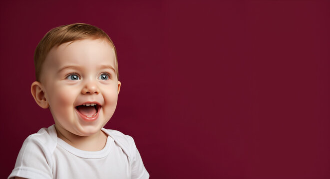 Laughing toddler with blue eyes and open mouth against burgundy background. Pure childhood happiness and joy expressions. Baby products and family portrait campaigns - Powered by Adobe