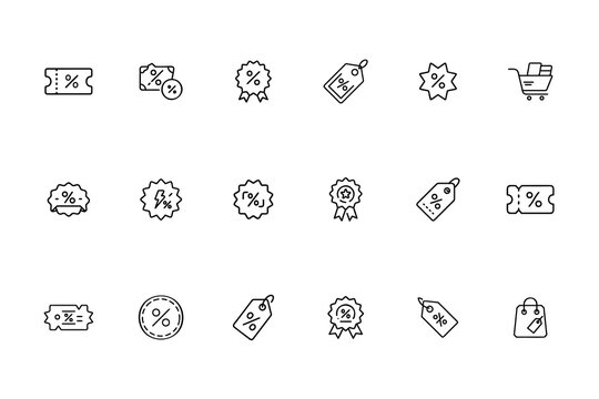 Set line art icons featuring percentage symbols on coupons tags shopping cart outline