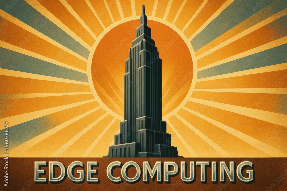 Poster art deco inspired illustration of a skyscraper representing edge computing