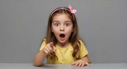 Surprised girl pointing finger with open mouth in pink headband against gray background. Childhood amazement and discovery for educational content and announcement promotions