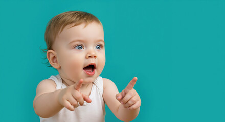 Excited baby pointing fingers with open mouth in white shirt against turquoise background. Pure innocence and discovery for childcare services and baby product promotions