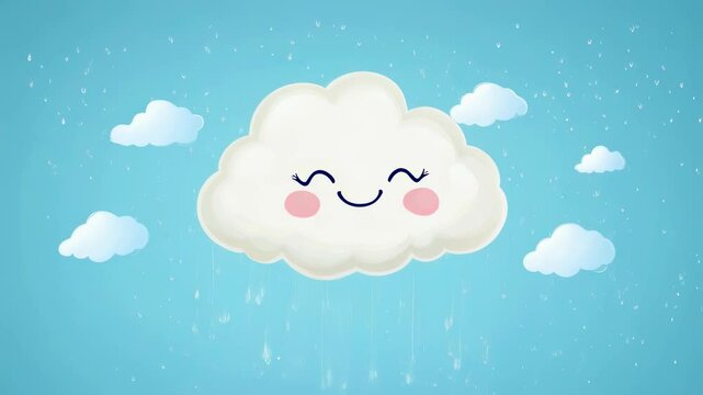 Animated smiling cloud drifting and gently raining on a calm sky background with small clouds