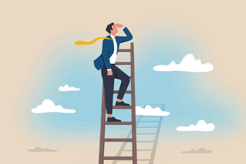 Businessman on a ladder looking into the distance isolated on transparent background