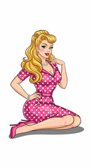 Adobe Illustrator vector flat style illustration of a glamorous, sexy pin-up girl with blonde hair and a red swimsuit, showcasing retro pop art elegance. Ideal for vintage designs