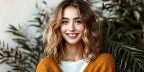 Radiant Woman Smiling in Beautiful Indoor Portrait Surrounded by Lush Greenery and Natural Light