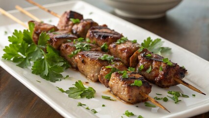 Delicious Grilled Meat Skewers with Fresh Parsley on a White Plate 