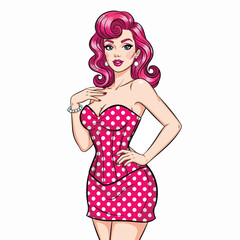 Adobe illustrator vector flat style illustration of a sexy pin-up girl in a pink polka dot dress with a pop art vibe, perfect for vintage-inspired designs