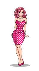 Adobe illustrator vector flat style illustration of a sexy pin-up girl in a pink polka dot dress with a pop art vibe, perfect for vintage-inspired designs