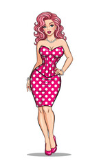 Adobe illustrator vector flat style illustration of a sexy pin-up girl in a pink polka dot dress with a pop art vibe, perfect for vintage-inspired designs