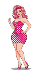 Adobe illustrator vector flat style illustration of a sexy pin-up girl in a pink polka dot dress with a pop art vibe, perfect for vintage-inspired designs