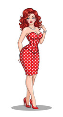 Adobe illustrator vector flat style illustration of a sexy pin-up girl in a pink polka dot dress with a pop art vibe, perfect for vintage-inspired designs