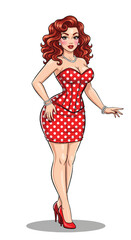 Adobe illustrator vector flat style illustration of a sexy pin-up girl in a pink polka dot dress with a pop art vibe, perfect for vintage-inspired designs