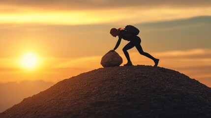Silhouette of a Determined Woman Overcoming Challenges, Pushing a Boulder Uphill Against a Sunset