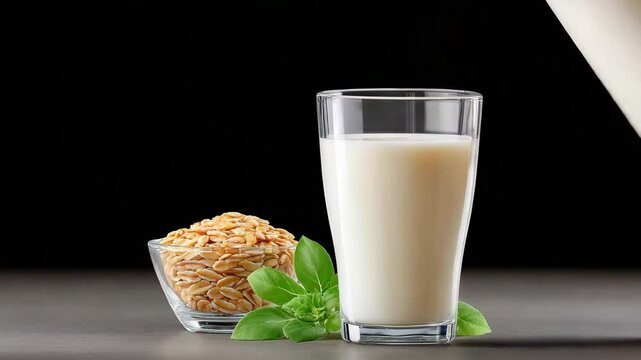 Oat Milk Refreshment: A refreshing glass of oat milk, complemented by fresh ingredients, offers a visually appealing composition of health and vitality.