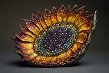 Intricate sunflower sculpture crafted with iridescent beads and meticulously detailed petals.