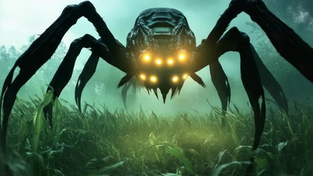 Giant robotic spider in misty forest. Halloween, All Hallows Eve, Samhain - Spooky Holiday Season, Fall Festival Celebration