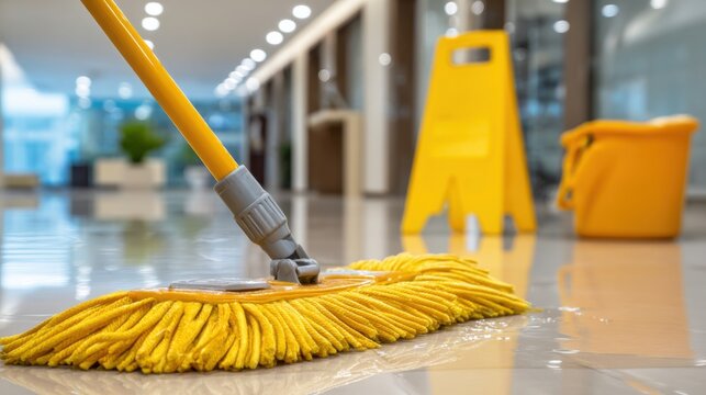 A worker mops the shiny floor of a modern office building using a yellow mop. A caution sign indicates wet floors, ensuring safety for visitors. The area is bright and clean.