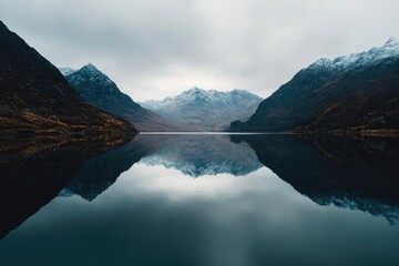 Serene mountain lake mirroring a cloudy sky