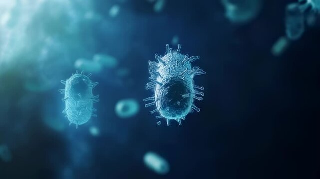 Microscopic view of active bacteria cells floating and rotating in fluid environment