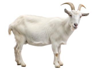   a close up image of a white goat with curved horns isolated on white background PNG ,ai generated