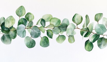 Delicate eucalyptus sprigs in soft watercolor hues, arranged in a horizontal band against a white background