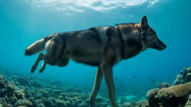 Surreal Underwater Scene of Hybrid Wolf - An imaginative video depicts a wolf-like creature swimming gracefully underwater, surrounded by coral reefs.