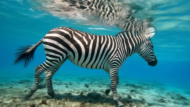 Zebra Underwater Adventure - A zebra appears to be walking underwater in a vividly blue aquatic environment.