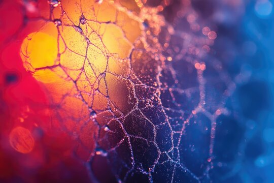 Intricate spiderweb glistening with dew, backlit by vibrant orange and blue bokeh lights.