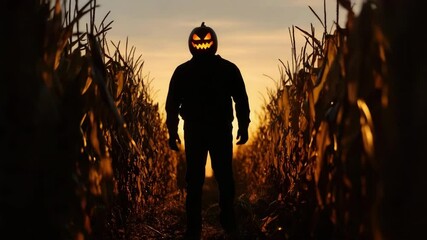 Silhouette of man with pumpkin head in cornfield at sunset. Halloween, All Hallows Eve, Samhain - Spooky Holiday Season, Fall Festival Celebration - Powered by Adobe