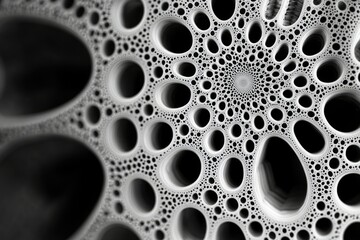 Abstract grayscale fractal art depicting a mesmerizing pattern of interconnected circles and holes, creating a sense of depth and complexity.
