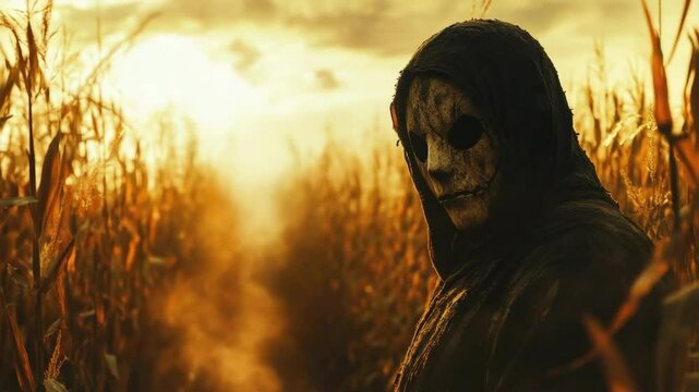 Eerie figure in cornfield at sunset with hooded mask and mysterious atmosphere. Halloween, All Hallows Eve, Samhain - Spooky Holiday Season, Fall Festival Celebration