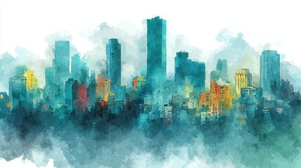 Fototapeta premium A vibrant city skyline features tall buildings painted in various colors, enveloped in a soft mist. This artwork captures the essence of a bustling urban landscape during twilight.