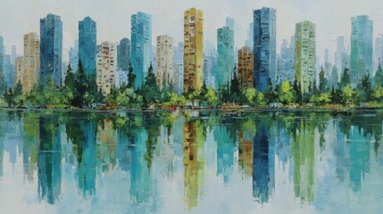 Obraz premium Tall buildings in various colors rise along the water's edge, reflecting beautifully on the still surface. Lush trees provide a contrast to the urban backdrop, creating a serene atmosphere.