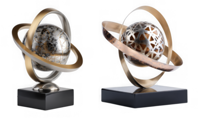 Two modern metal sculptures featuring spheres within orbiting rings isolated on transparent background