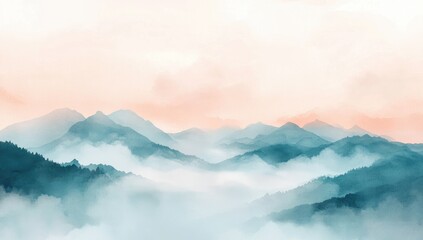 Obraz premium Misty mountain range at dawn. Soft pastel hues of peach and teal paint a serene landscape, with layers of hazy mountains and clouds