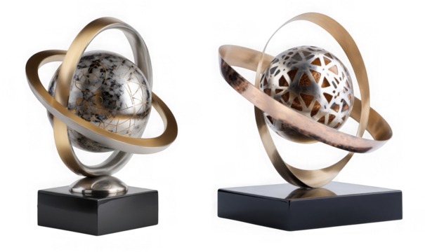 Two modern metal sculptures featuring spheres within orbiting rings isolated on transparent background