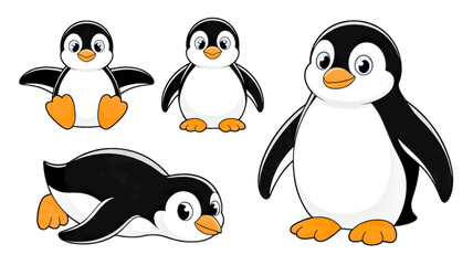 Obraz premium A set of four cute cartoon penguin characters arranged in a 2x2 grid against a white background