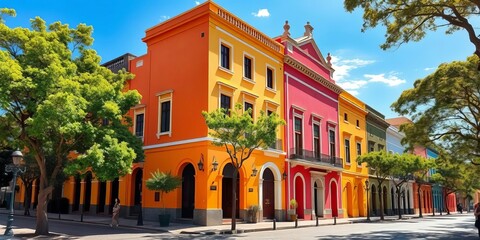 Naklejka premium Brightly colored colonial buildings line a sun-drenched, tree-shaded street in Colonia del Sacramento, Uruguay, charming, colorful buildings