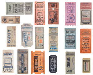 a collection of old vintage ticket isolated on white background