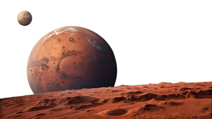 The red planet mars and its moon are isolated on transparent background, showcasing a desolate landscape with craters and rocky terrain