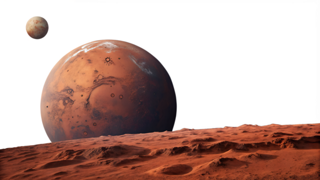 The red planet mars and its moon are isolated on transparent background, showcasing a desolate landscape with craters and rocky terrain