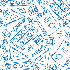 Doodle seamless pattern from school stationery back to school on the background of a cell like notebook pages