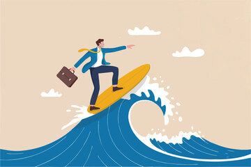 Businessman surfing on a wave isolated on transparent background