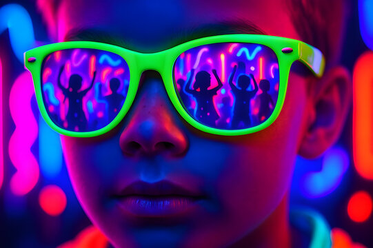 Vibrant Neon Sunglasses Reflection Close-Up, neon kids party